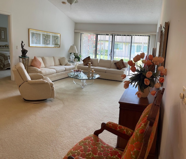 living room with carpet flooring, a textured ceiling, and lofted ceiling