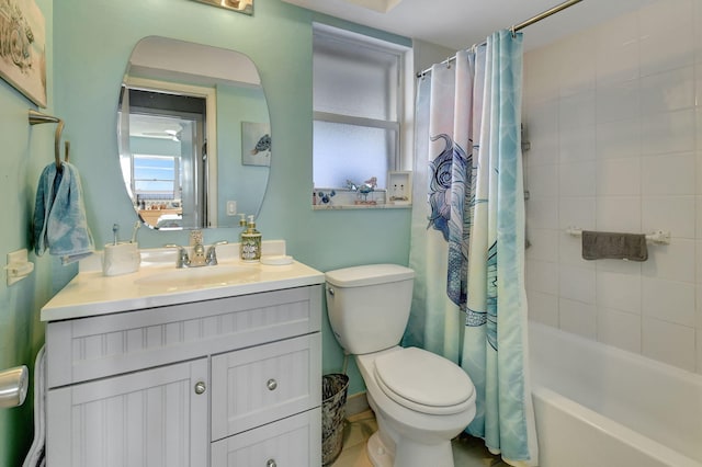 full bathroom with tile patterned flooring, vanity, toilet, and shower / tub combo