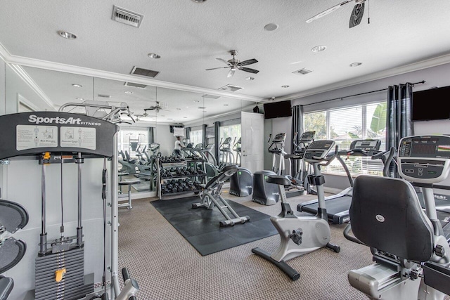 workout area featuring a textured ceiling, ceiling fan, and crown molding