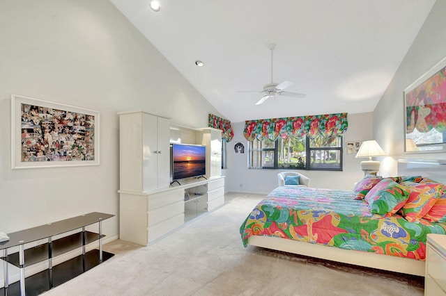 bedroom featuring light carpet, high vaulted ceiling, and ceiling fan