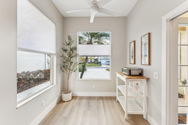 doorway with light hardwood / wood-style floors and ceiling fan