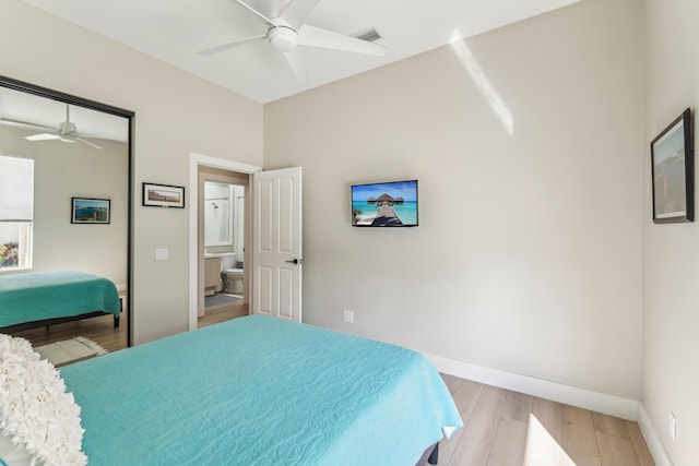 bedroom with ceiling fan and light wood-type flooring