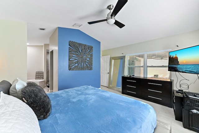 bedroom with ceiling fan and lofted ceiling