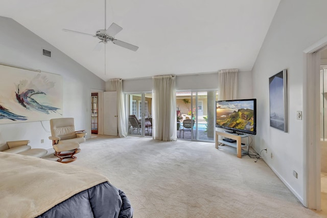 carpeted bedroom featuring high vaulted ceiling, ceiling fan, and access to outside