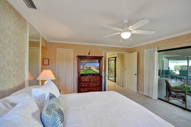 bedroom with access to outside, ceiling fan, crown molding, and light colored carpet