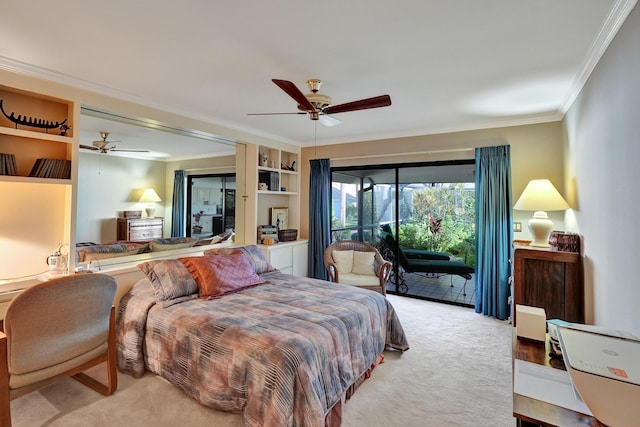 bedroom featuring access to exterior, light colored carpet, ceiling fan, and ornamental molding