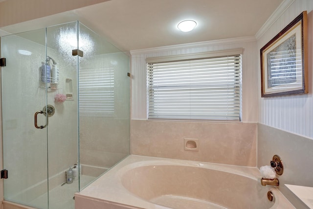 bathroom with separate shower and tub and ornamental molding