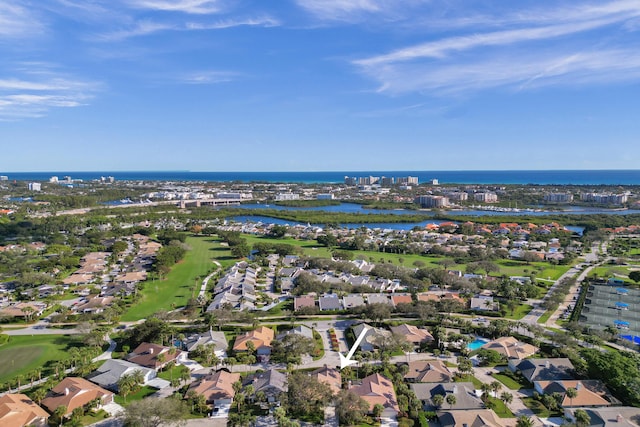 drone / aerial view featuring a water view