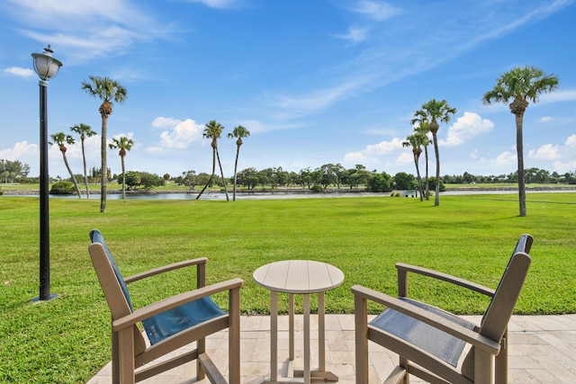 surrounding community with a yard and a water view