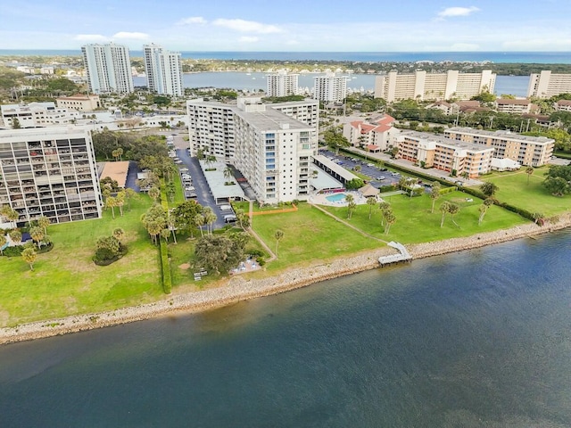 drone / aerial view featuring a water view