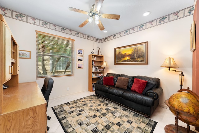 tiled office space with ceiling fan