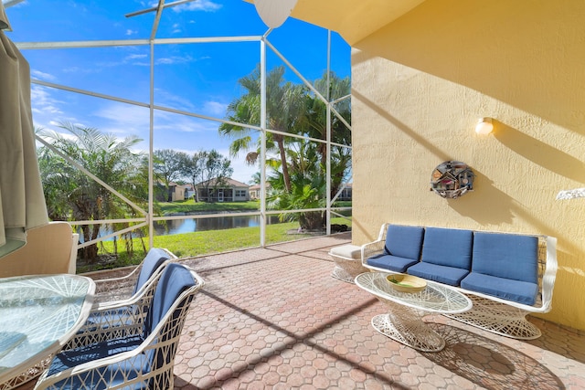 view of patio featuring an outdoor hangout area and a water view