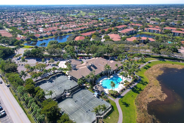 drone / aerial view with a water view