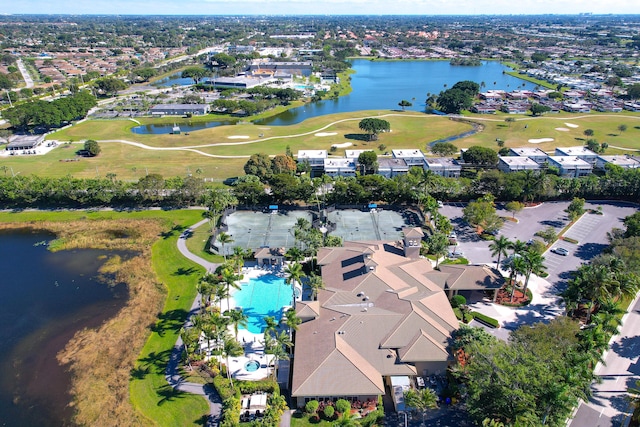 bird's eye view with a water view