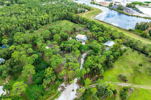 drone / aerial view with a water view