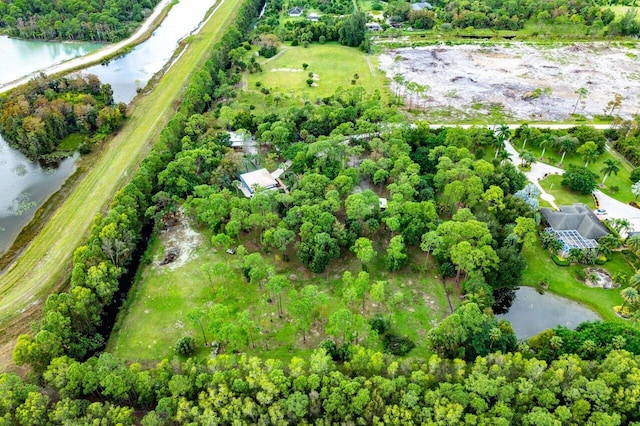 bird's eye view with a water view