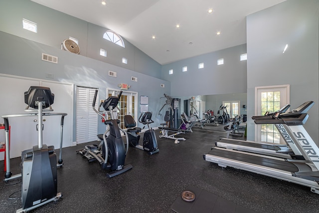 gym with high vaulted ceiling