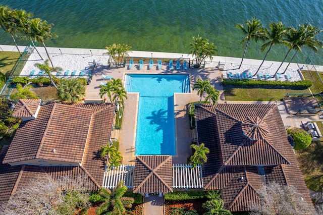 aerial view featuring a water view