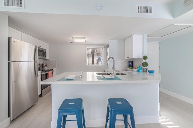 kitchen with sink, white cabinetry, kitchen peninsula, a breakfast bar, and appliances with stainless steel finishes