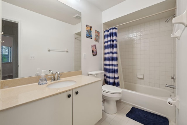 full bathroom featuring toilet, tile patterned flooring, shower / bathtub combination with curtain, and vanity