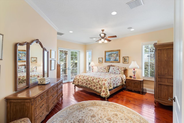 bedroom featuring crown molding, dark wood-type flooring, access to exterior, and ceiling fan