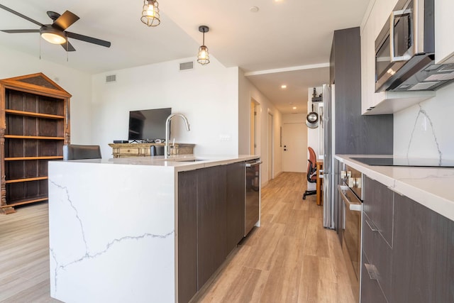 kitchen with ceiling fan, dark brown cabinetry, sink, and light hardwood / wood-style flooring