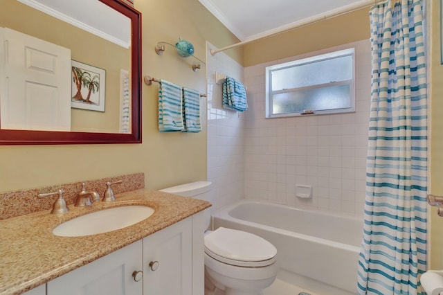 full bathroom with vanity, shower / bath combination with curtain, toilet, and crown molding