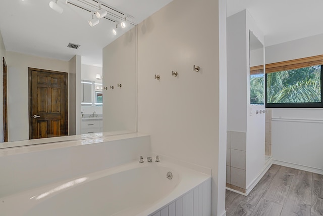 bathroom with hardwood / wood-style flooring, a bathtub, and vanity