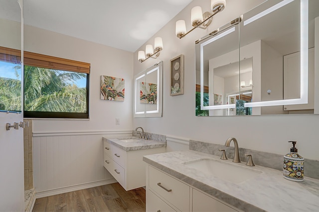 bathroom featuring vanity and hardwood / wood-style flooring