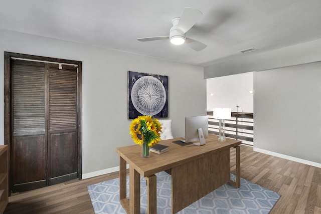 home office featuring hardwood / wood-style flooring and ceiling fan