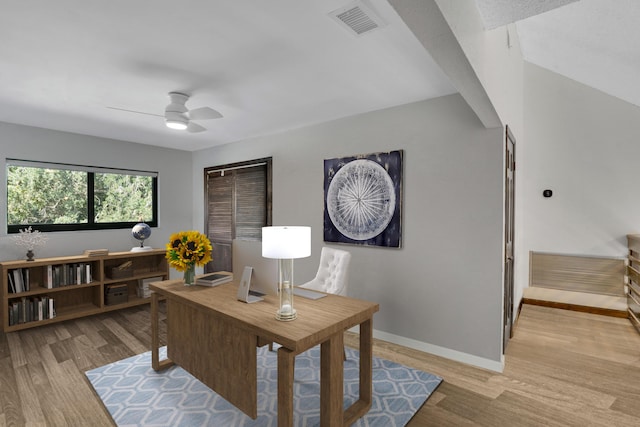 office featuring ceiling fan and light wood-type flooring