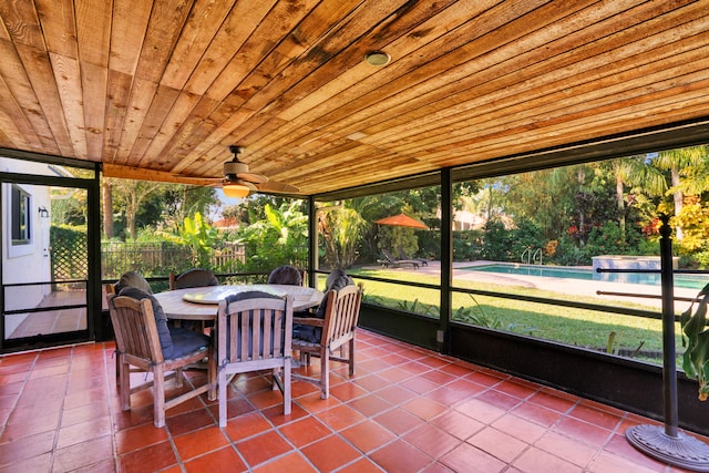 unfurnished sunroom with wood ceiling and ceiling fan