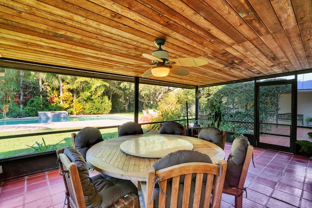 sunroom with wood ceiling and ceiling fan