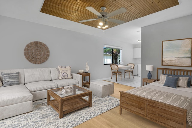 bedroom featuring ceiling fan, wooden ceiling, and light hardwood / wood-style flooring