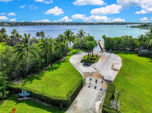 drone / aerial view with a water view