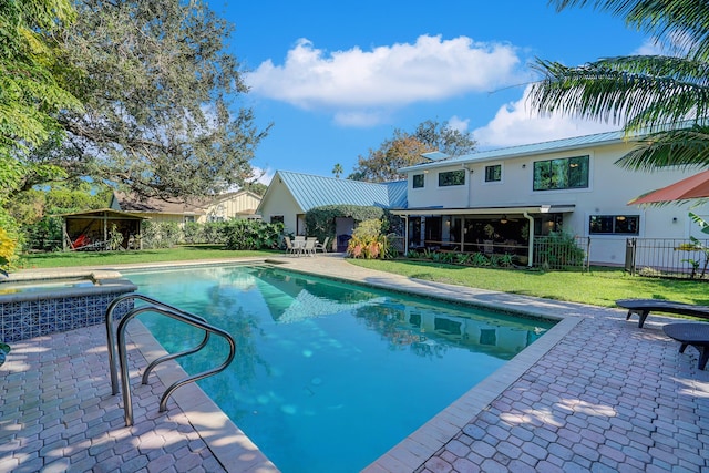 view of swimming pool with a gazebo, a lawn, and a patio