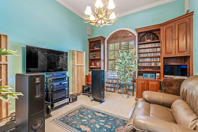 carpeted office space with an inviting chandelier and crown molding