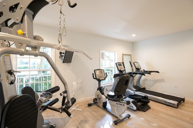 exercise room featuring a wealth of natural light and hardwood / wood-style floors