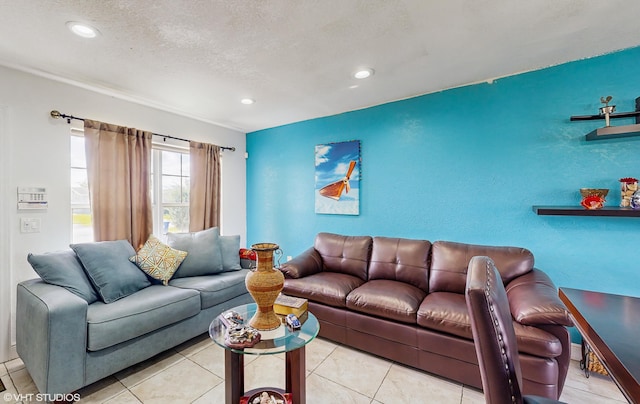 tiled living room with a textured ceiling