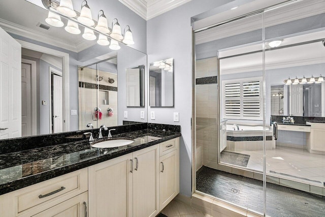 bathroom with tile patterned flooring, vanity, ornamental molding, and plus walk in shower