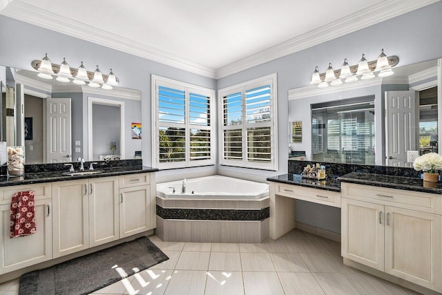 bathroom featuring tile patterned floors, crown molding, vanity, and shower with separate bathtub