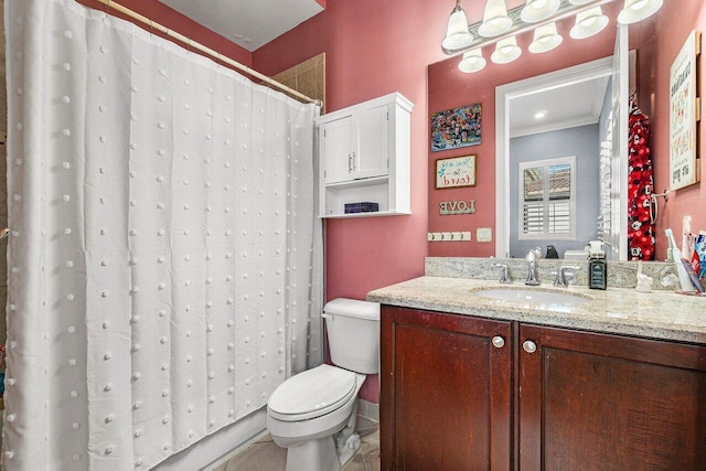 bathroom featuring a shower with curtain, tile patterned floors, toilet, vanity, and ornamental molding