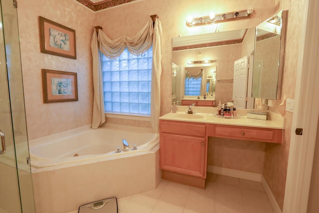 bathroom with tile patterned floors, plus walk in shower, and vanity