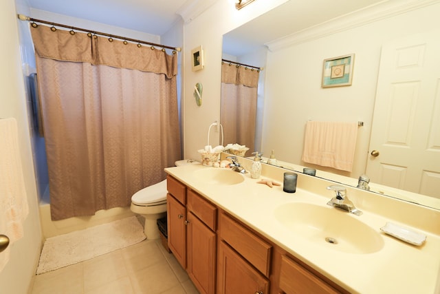 full bathroom featuring shower / bath combo, tile patterned floors, vanity, crown molding, and toilet