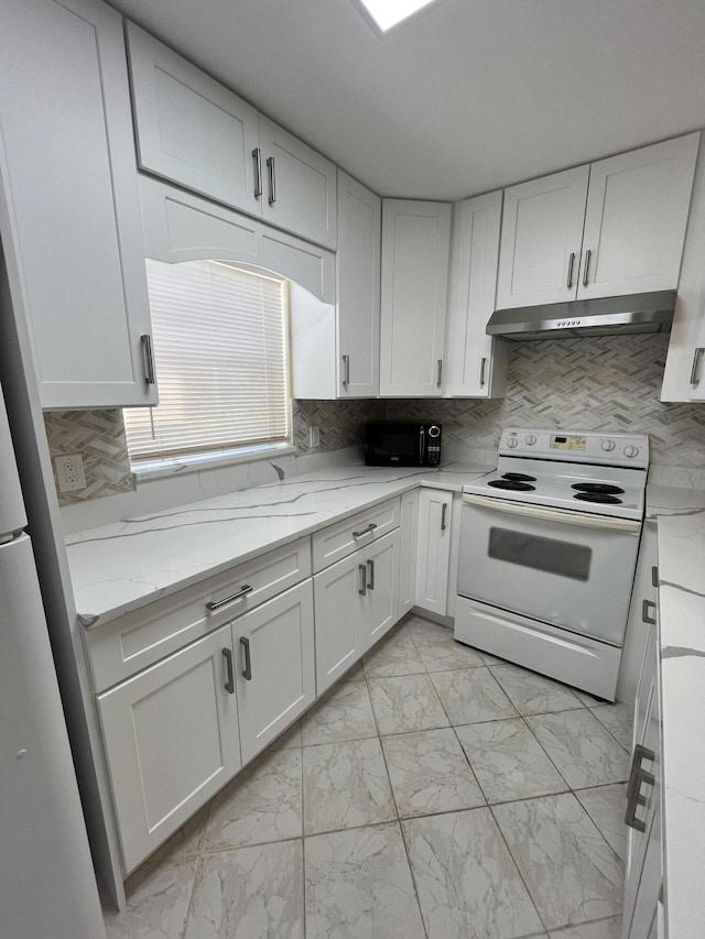 kitchen featuring white cabinets, white electric range oven, and light stone countertops