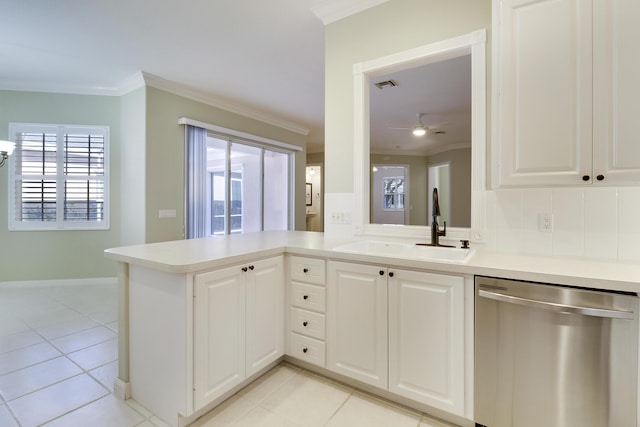 kitchen featuring kitchen peninsula, white cabinets, ceiling fan, light tile patterned floors, and dishwasher