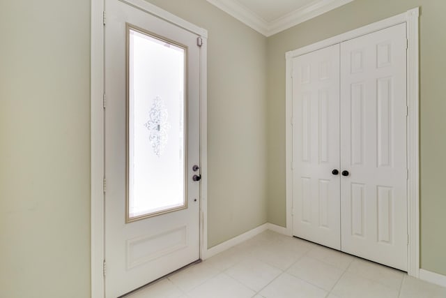 doorway featuring light tile patterned floors and crown molding