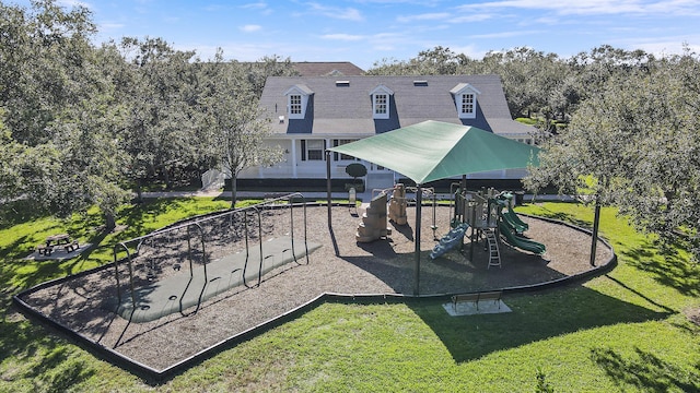 view of jungle gym featuring a yard