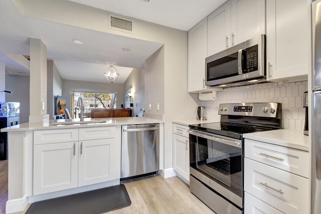 kitchen with appliances with stainless steel finishes, white cabinetry, tasteful backsplash, sink, and kitchen peninsula