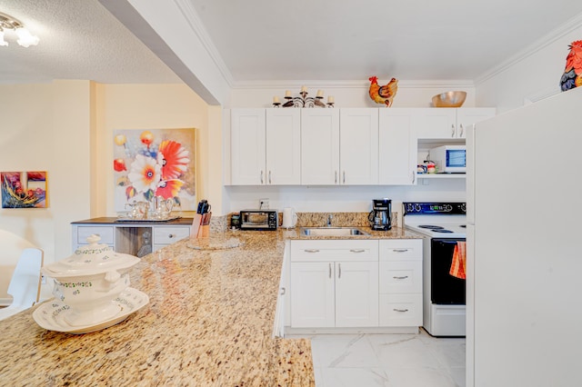 kitchen featuring light stone counters, white appliances, crown molding, sink, and white cabinetry